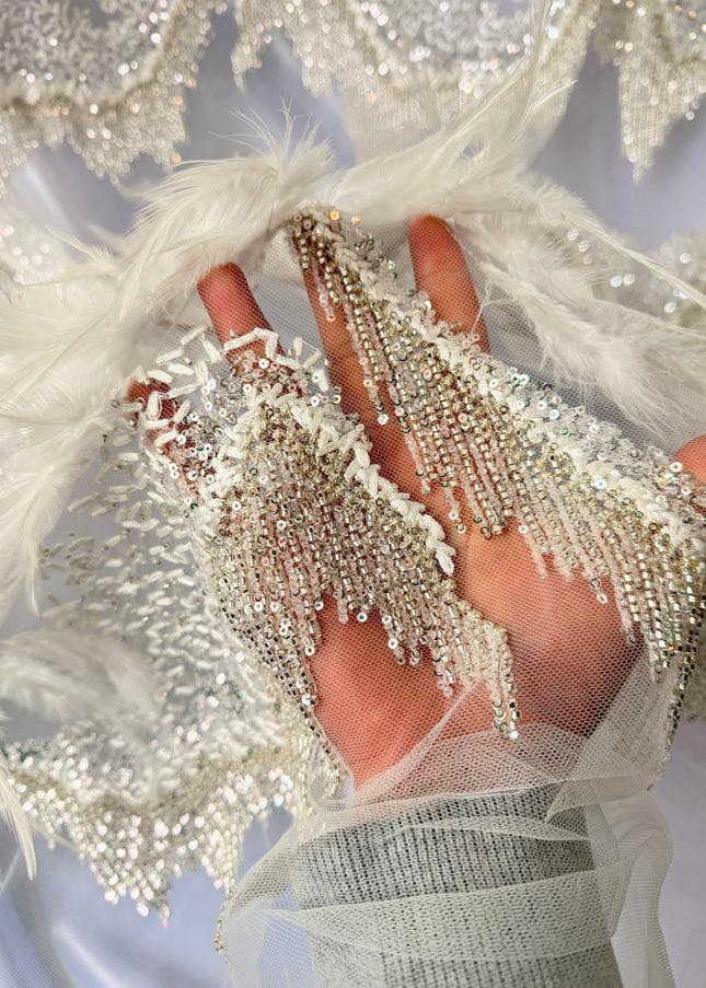 Ivory Beaded with White Feathers Lace / Metre