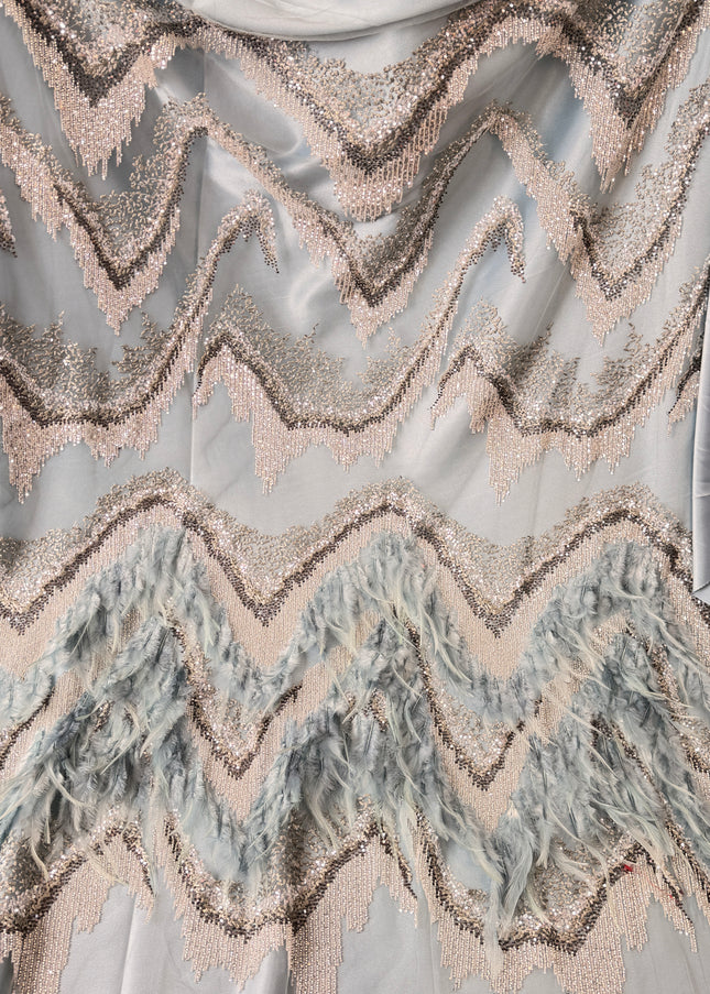 Cadet Blue Beaded with Cadet Blue Feathers Lace / Metre