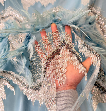 Cadet Blue Beaded with Cadet Blue Feathers Lace / Metre