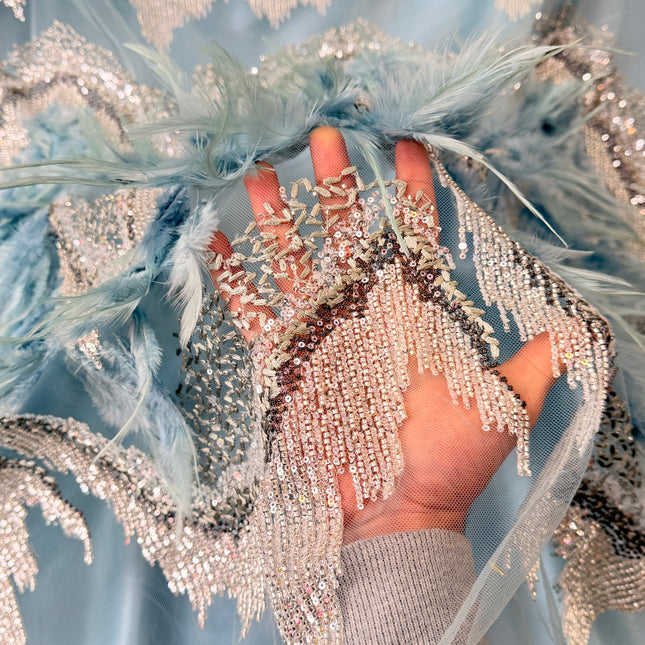 Cadet Blue Beaded with Cadet Blue Feathers Lace / Metre