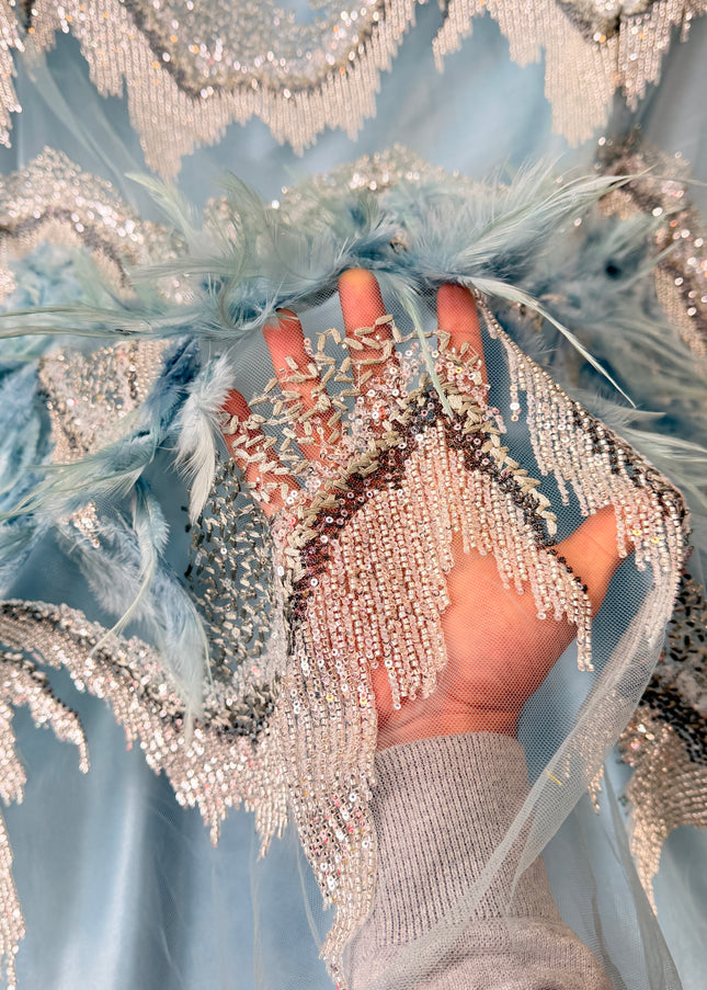 Cadet Blue Beaded with Cadet Blue Feathers Lace / Metre