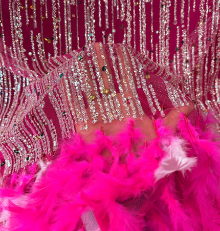 Fuchsia Beaded with Fuchsia Feathers Lace / Metre