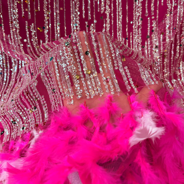 Fuchsia Beaded with Fuchsia Feathers Lace / Metre