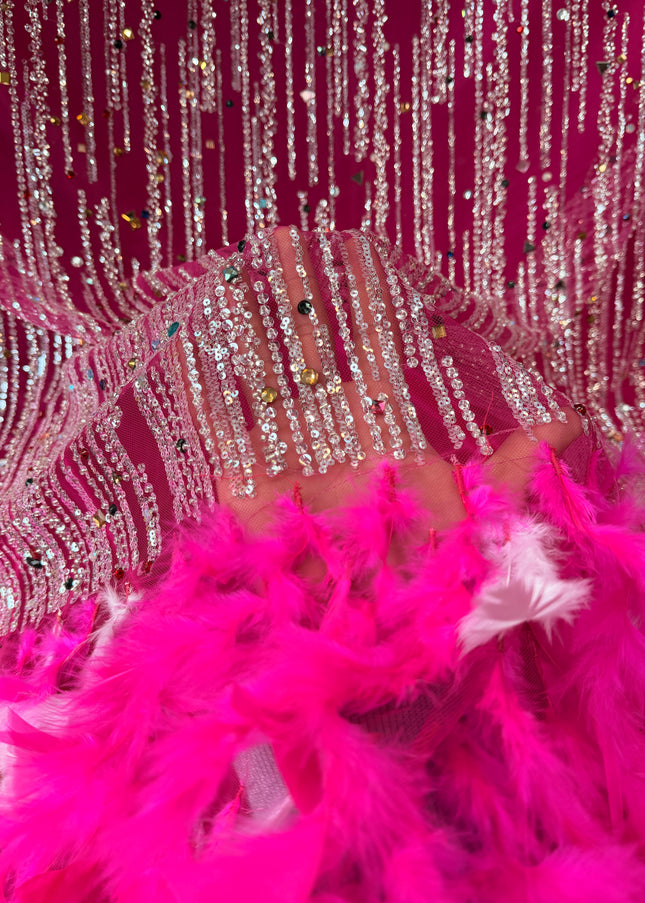Fuchsia Beaded with Fuchsia Feathers Lace / Metre