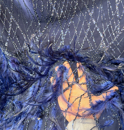 Navy Blue Beaded with Navy Feathers Lace / Metre