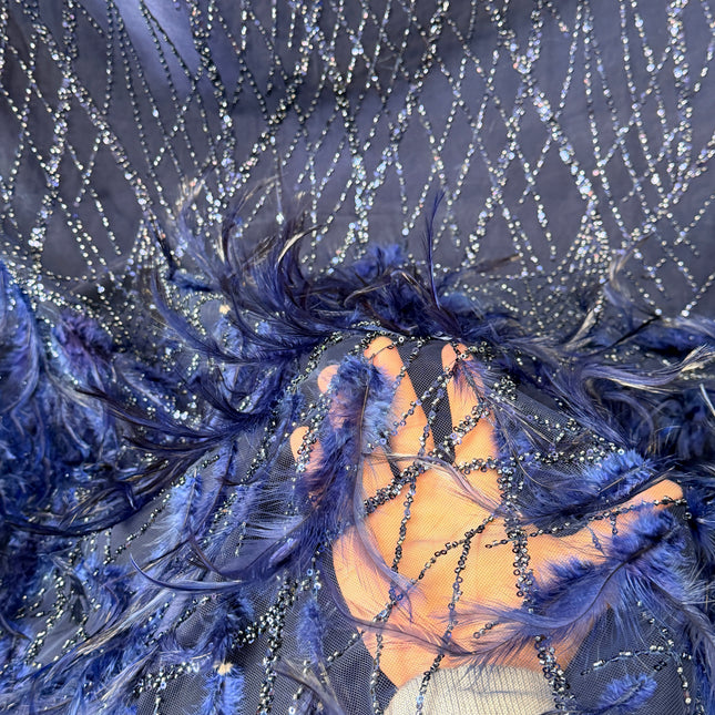 Navy Blue Beaded with Navy Feathers Lace / Metre