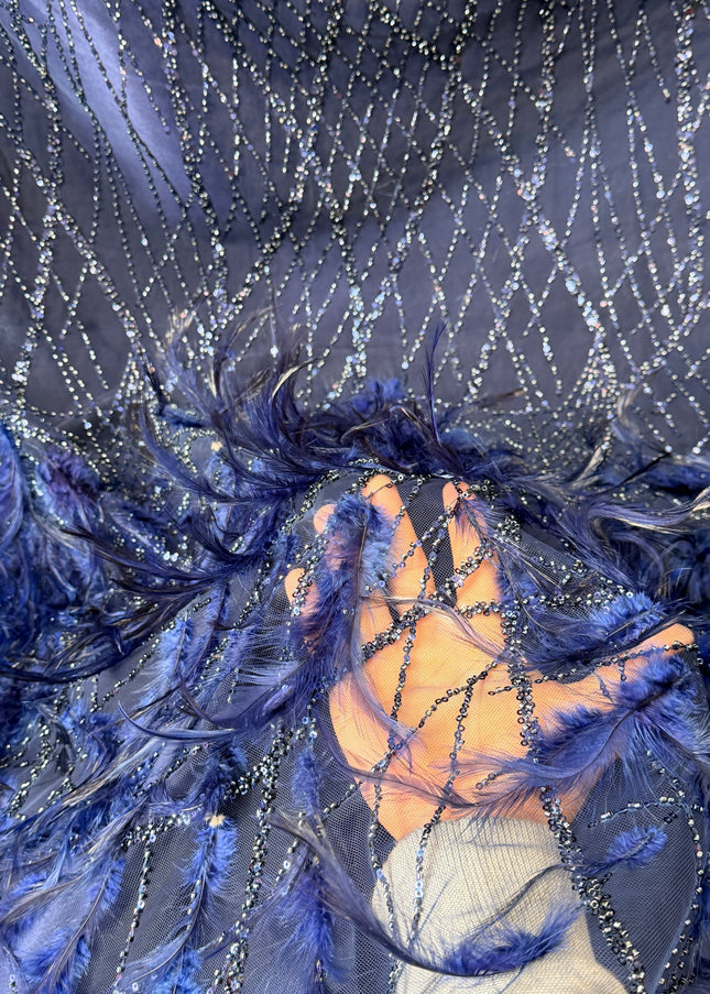 Navy Blue Beaded with Navy Feathers Lace / Metre