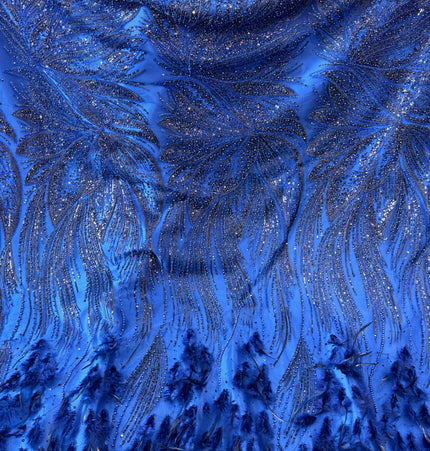 Royal Blue Beaded with Royal Feathers Lace / Metre
