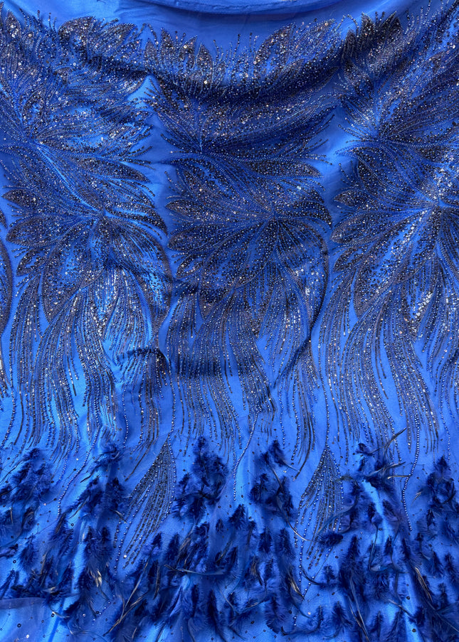 Royal Blue Beaded with Royal Feathers Lace / Metre
