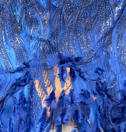 Royal Blue Beaded with Royal Feathers Lace / Metre