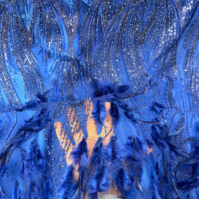 Royal Blue Beaded with Royal Feathers Lace / Metre