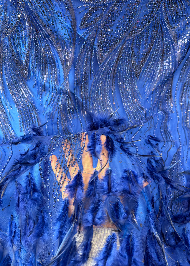 Royal Blue Beaded with Royal Feathers Lace / Metre
