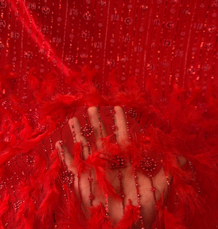 Red Beaded with Red Feathers Lace / Metre