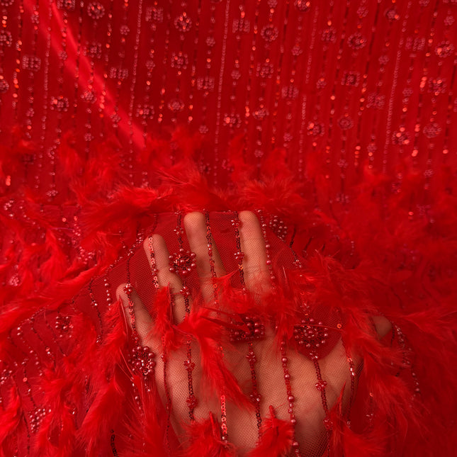 Red Beaded with Red Feathers Lace / Metre