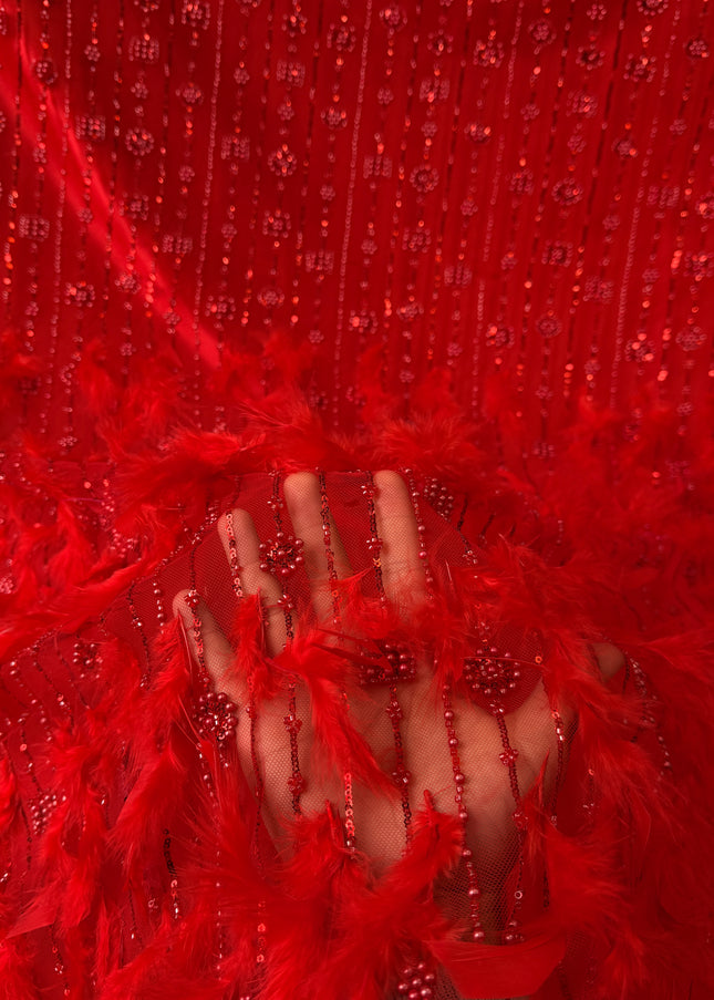 Red Beaded with Red Feathers Lace / Metre
