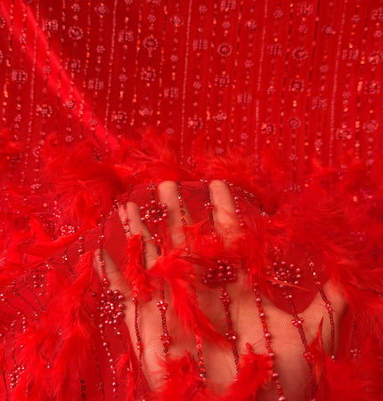 Red Beaded with Red Feathers Lace / Metre