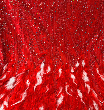Red Beaded with Red Feathers Lace / Metre