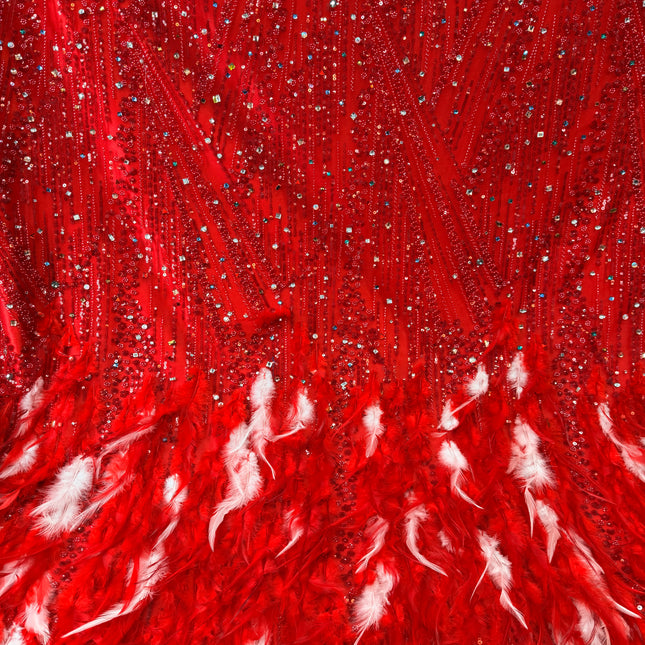 Red Beaded with Red Feathers Lace / Metre