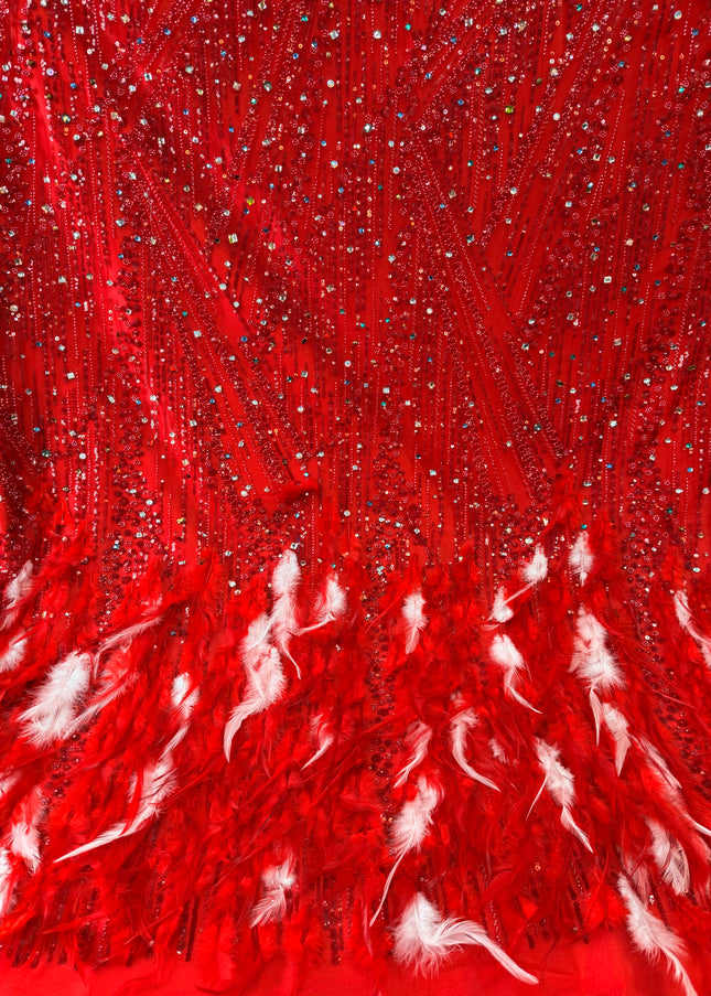 Red Beaded with Red Feathers Lace / Metre