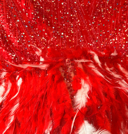 Red Beaded with Red Feathers Lace / Metre