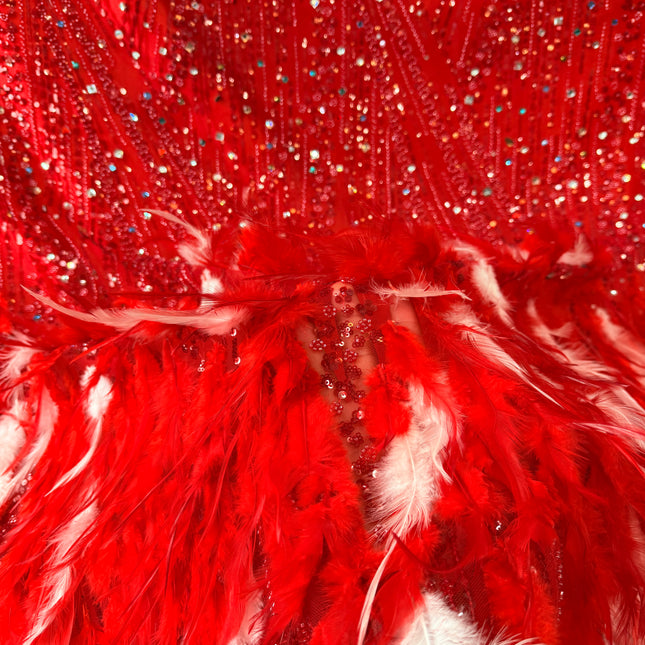 Red Beaded with Red Feathers Lace / Metre