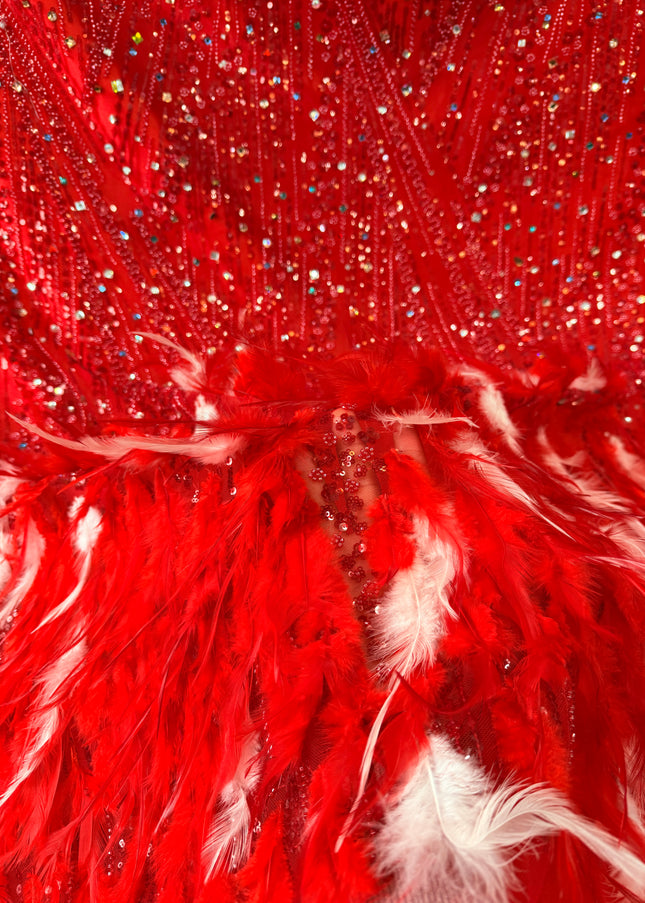 Red Beaded with Red Feathers Lace / Metre