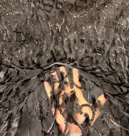Black Beaded with Black Feathers Lace / Metre