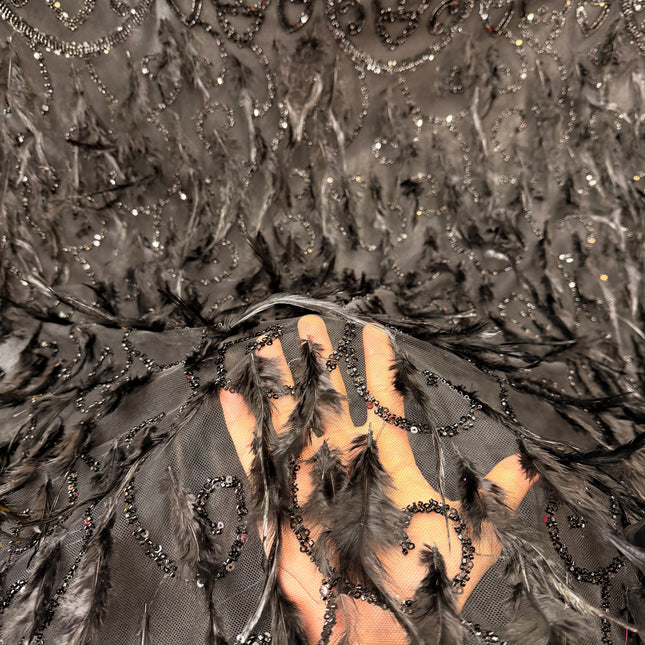 Black Beaded with Black Feathers Lace / Metre