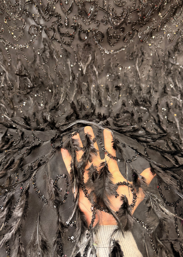 Black Beaded with Black Feathers Lace / Metre