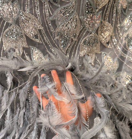 Gray Beaded with Gray Feathers Lace / Metre