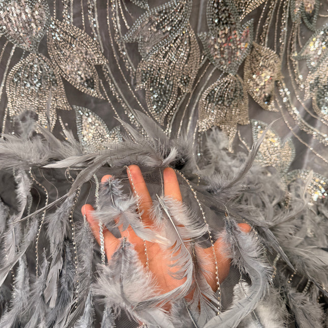 Gray Beaded with Gray Feathers Lace / Metre