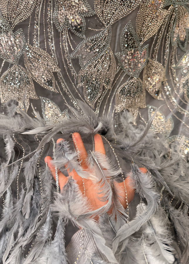 Gray Beaded with Gray Feathers Lace / Metre