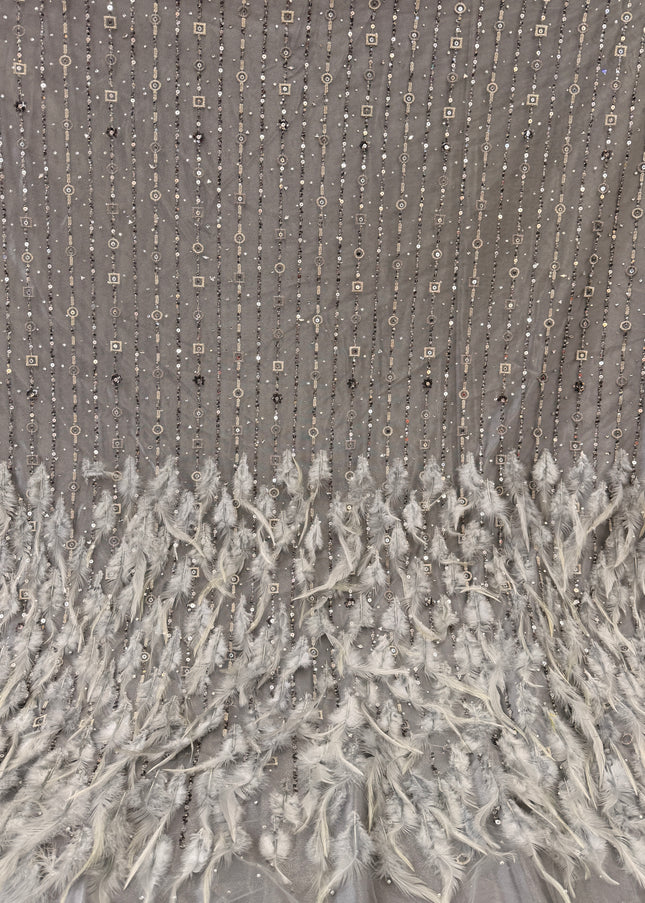 Light Gray Beaded with Gray Feathers Lace / Metre
