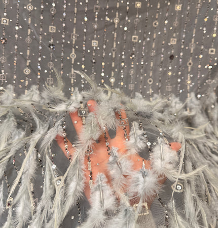 Light Gray Beaded with Gray Feathers Lace / Metre
