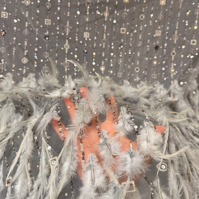 Light Gray Beaded with Gray Feathers Lace / Metre