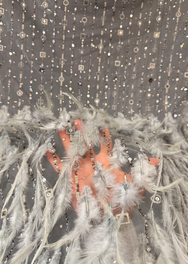 Light Gray Beaded with Gray Feathers Lace / Metre