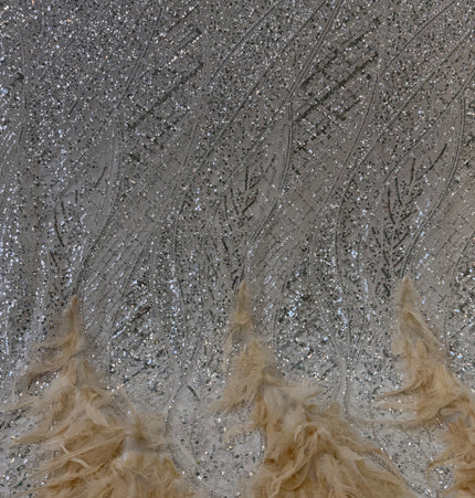 Beige Beaded with Gold Feathers Lace / Metre