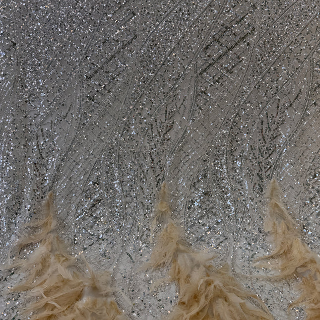 Beige Beaded with Gold Feathers Lace / Metre