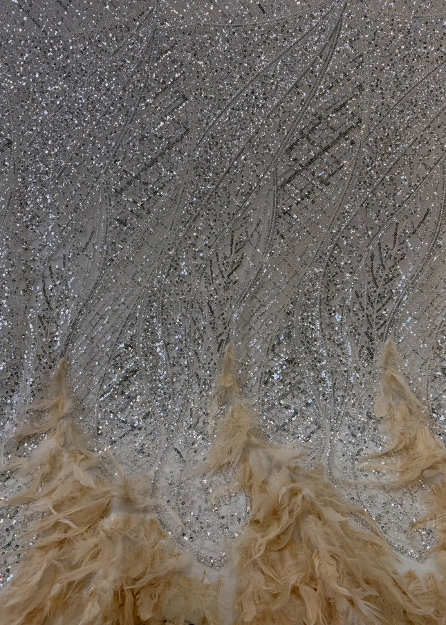 Beige Beaded with Gold Feathers Lace / Metre