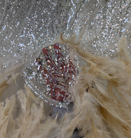 Beige Beaded with Gold Feathers Lace / Metre