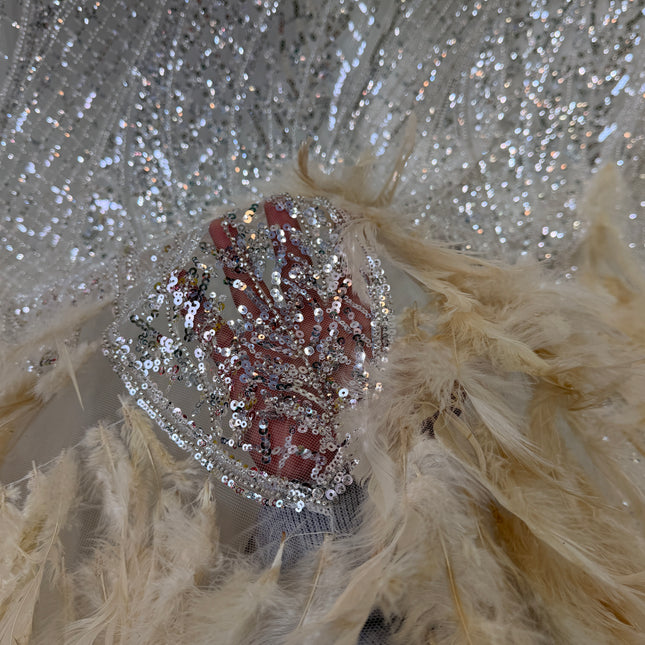 Beige Beaded with Gold Feathers Lace / Metre