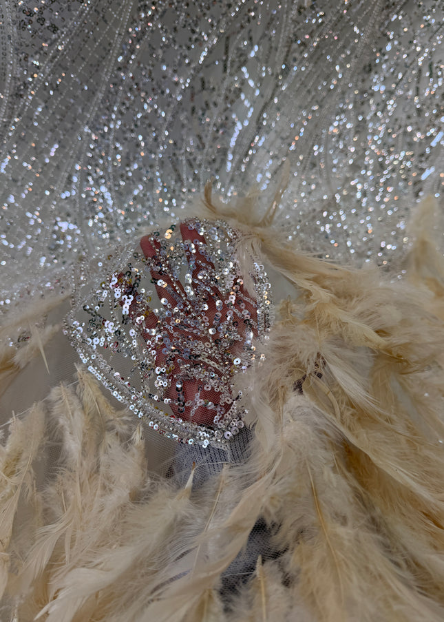 Beige Beaded with Gold Feathers Lace / Metre