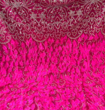 Fuchsia Beaded with Fuchsia Feathers Lace / Metre