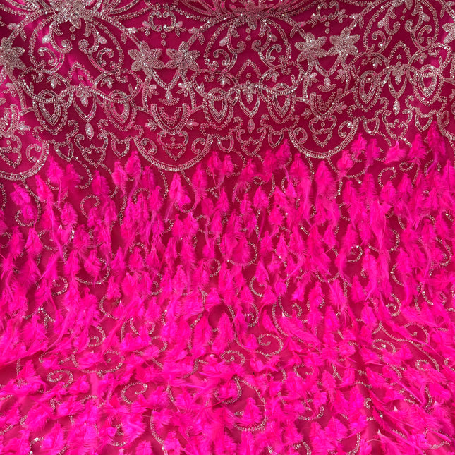 Fuchsia Beaded with Fuchsia Feathers Lace / Metre