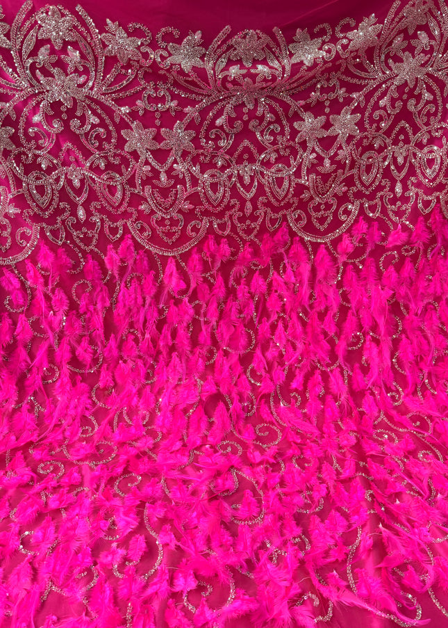 Fuchsia Beaded with Fuchsia Feathers Lace / Metre