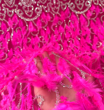 Fuchsia Beaded with Fuchsia Feathers Lace / Metre
