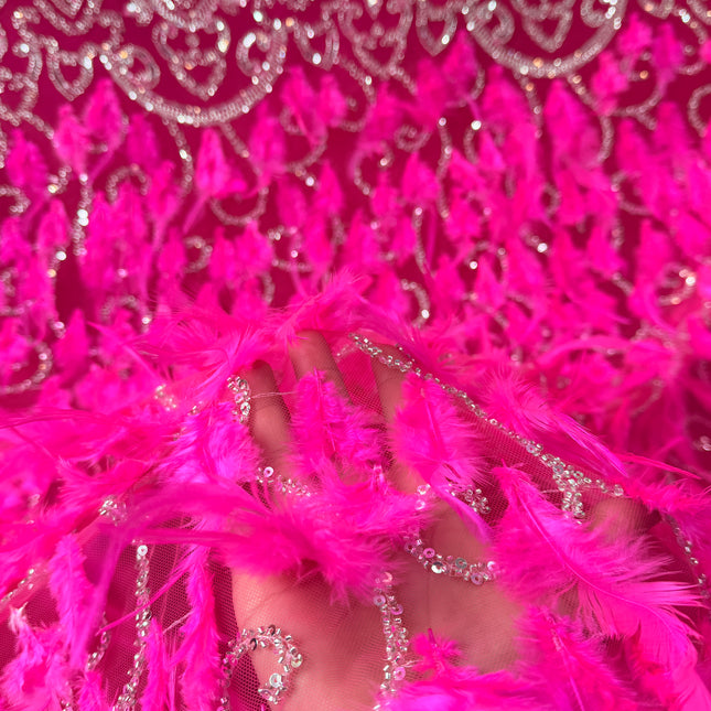Fuchsia Beaded with Fuchsia Feathers Lace / Metre