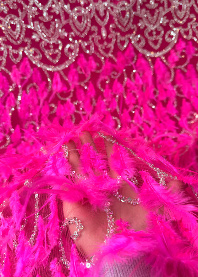 Fuchsia Beaded with Fuchsia Feathers Lace / Metre