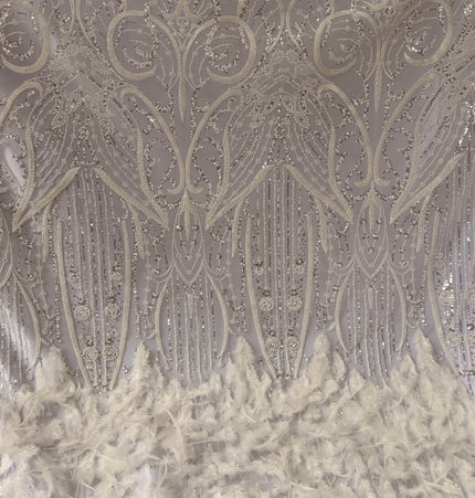 White Beaded with White Feathers Lace / Metre