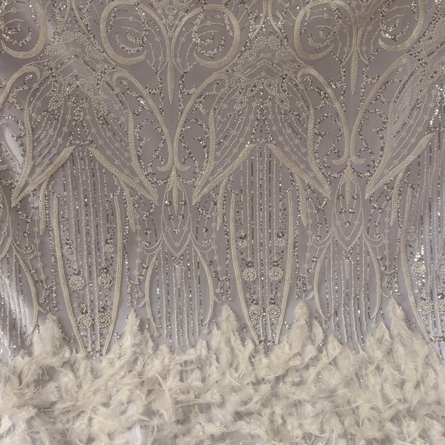 White Beaded with White Feathers Lace / Metre